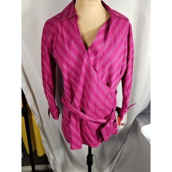 Croft & Barrow Women's size Small, wrap front, Fuscia with Black Stripes, NWT - Picture 1 of 9